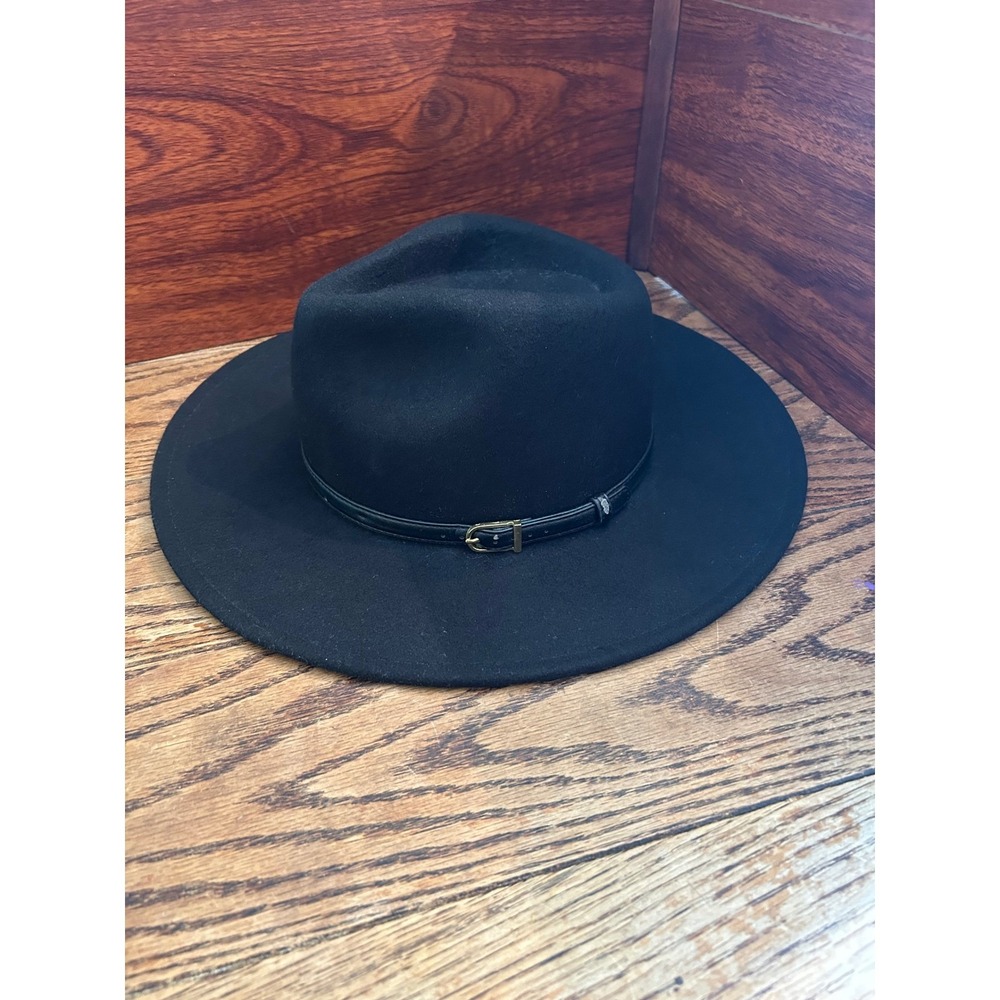 Olive & Pique Black 100% Wool Wide Brim Fedora Hat with Buckle Band Trim